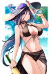 1girl absurdres alternate_costume armpit_crease bare_shoulders bikini black_bikini black_bow black_choker black_hat black_sarong blush bow bracelet breasts choker cleavage clorinde_(genshin_impact) commentary_request cowboy_shot criss-cross_straps earrings genshin_impact groin hair_between_eyes hair_bow hat hat_feather highres holding holding_water_gun jewelry large_breasts large_hat long_hair looking_ahead multicolored_hair navel o-ring o-ring_bikini o-ring_top open_mouth purple_eyes purple_hair sarong shibakame solo standing stomach streaked_hair swimsuit water_gun wet 