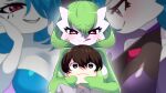  1boy 3girls age_difference alternate_color blue_hair blurry blurry_background blush bob_cut breasts brown_eyes brown_hair closed_mouth collared_shirt colored_skin commentary_request english_commentary florian_(pokemon) gardevoir grapeanime green_hair green_skin grey_shirt hair_between_eyes half-closed_eyes hands_on_another&#039;s_cheeks hands_on_another&#039;s_face hands_up happy heart heart-shaped_pupils height_difference highres large_breasts licking_lips looking_at_another mixed-language_commentary multicolored_skin multiple_girls nervous partial_commentary pokemon pokemon_(creature) pokemon_sv raised_eyebrows red_eyes shiny_and_normal shiny_pokemon shirt short_hair smile standing straight-on symbol-shaped_pupils tongue tongue_out two-tone_skin upper_body wavy_mouth white_skin 