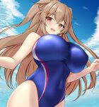  1girl blue_one-piece_swimsuit blush breasts brown_eyes cloud cloudy_sky competition_swimsuit covered_navel cowboy_shot day hair_flaps hair_ornament hairclip heterochromia highres kantai_collection large_breasts light_brown_hair long_hair looking_at_viewer montemasa murasame_(kancolle) murasame_kai_ni_(kancolle) one-piece_swimsuit open_mouth outdoors red_eyes sky smile solo swimsuit two-tone_swimsuit two_side_up 