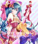  blue_eyes blue_footwear blue_hair blue_nails cat character_name checkerboard_cookie cookie doughnut food food_themed_hair_ornament frills hair_ornament happy_birthday hat hatsune_miku high_heels hihooo holding holding_spoon oversized_object pink_headwear pink_skirt plaid plaid_skirt short_sleeves skirt smile spoon striped striped_background vocaloid yellow_legwear 