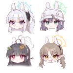  4girls absurdres black_bow black_hair blue_archive blue_eyes blush bow braid branch brown_eyes brown_hair chibi closed_mouth commentary_request densaneraa drooling glasses grey_hair grey_helmet hair_between_eyes hair_bow hair_intakes halo head_only headgear helmet highres leaf leaf_on_head long_hair low_twintails miyako_(blue_archive) miyu_(blue_archive) moe_(blue_archive) mouth_drool multiple_girls one_side_up open_mouth parted_bangs purple_eyes rabbit_platoon_(blue_archive) red_eyes round_eyewear saki_(blue_archive) simple_background smile twintails white_background 