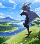  ambiguous_gender anthro biped black_body blue_body building cape clothing cloud crossed_arms detailed_background donutella generation_6_pokemon grass greninja hi_res house mountain nintendo plant pokemon pokemon_(species) red_eyes river short_tail solo sun tail tree 