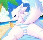  avey_(avey_aveon) avey_aveon_(artist) beach beach_towel beverage blue_body blue_eyes blue_fur canid canine canis clothing dipstick_tail drinking female feral fox fur hi_res inner_ear_fluff kryztar looking_at_viewer lying mammal multicolored_tail on_front outside palm_tree rear_view seaside smiling_at_viewer solo swimwear tree tuft white_body white_fur wings 