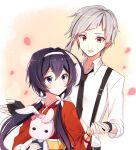  1boy 1girl ahoge belt black_gloves black_hair black_necktie blue_eyes blush bungou_stray_dogs closed_mouth collared_shirt fingerless_gloves flower gloves grey_hair hair_flower hair_ornament hairband hetero holding holding_hands holding_stuffed_toy izumi_kyouka_(bungou_stray_dogs) japanese_clothes joman kimono long_hair looking_at_another low_twintails multicolored_eyes multicolored_hair nakajima_atsushi_(bungou_stray_dogs) necktie open_mouth petals purple_eyes red_kimono sash shirt short_hair smile streaked_hair stuffed_animal stuffed_rabbit stuffed_toy suspenders third-party_source twintails white_hairband white_shirt yellow_eyes yellow_sash 