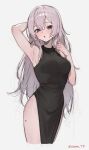  1girl absurdres arm_behind_head armpits artist_name bare_arms blue_eyes blush breasts commentary_request commission dress grey_hair hair_between_eyes highres large_breasts long_hair looking_at_viewer mole mole_on_thigh open_mouth original pelvic_curtain pixiv_commission sanyu_(ry_thae) simple_background sleeveless sleeveless_dress solo sooon white_background 
