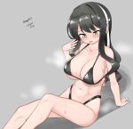  1girl absurdres bikini black_bikini black_hair breasts cleavage collarbone colored_inner_hair dated feet_out_of_frame grey_background hairband highleg highleg_bikini highres kantai_collection large_breasts long_hair maru_(marg0613) multicolored_hair naganami_(kancolle) naganami_kai_ni_(kancolle) navel pink_hair simple_background solo steam swimsuit twitter_username white_hairband yellow_eyes 