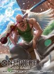  1boy arm_tattoo bald commentary_request copyright_name feathers green_tank_top holding holding_weapon looking_at_viewer male_focus moreshan muscular muscular_male official_art ohm one_piece one_piece_card_game sitting sky solo sunglasses sword tank_top tattoo weapon white_wings wings 