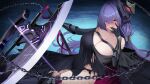  1girl absurdres azur_lane bare_shoulders black_dress blush boots breasts chain dress elbow_gloves gloves hair_ornament hair_over_eyes highres holding holding_weapon large_breasts looking_at_viewer mogador_(azur_lane) no_bra no_panties purple_hair red_eyes smile smitcuk solo thigh_boots torn_clothes weapon 