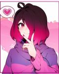  1girl artist_request bete_noire brown_hair glitchtale hair_over_one_eye heart pink_background pink_eyes pink_hair pink_nails pink_shirt purple_shirt shirt short_hair smile solo spoken_heart white_background 