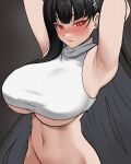  1girl armpits arms_behind_head black_background blue_archive bottomless breasts hair_ornament hairclip highres long_hair looking_at_viewer navel nsd_(neangsadu) red_eyes rio_(blue_archive) simple_background solo turtleneck underboob variant_set very_long_hair 