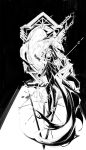  1girl absurdres arknights cape chain chuzenji from_behind from_side gladiia_(arknights) greyscale hat high_heels highres holding holding_weapon long_hair looking_at_viewer looking_back mirror monochrome pointy_ears sideways_glance solo standing weapon white_hair 