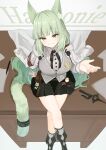 1girl absurdres animal_ears arknights arm_behind_back belt_pouch black_skirt blazer blush boots breasts cat_ears cat_girl cat_ornament cat_tail character_name coat collared_shirt crossed_legs from_above full_body green_eyes green_hair grey_eyes grey_jacket hand_up happy harmonie_(arknights) highres infection_monitor_(arknights) jacket large_breasts looking_at_viewer looking_up miniskirt nishimiya_aki open_clothes open_coat pleated_skirt pouch shirt sitting sitting_on_table skirt solo striped_clothes tail thighs vertical-striped_clothes white_coat white_shirt 