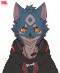  2020 anthro black_clothing black_topwear clothing dated front_view fur hi_res kunaru mammal multicolored_eyes open_mouth red_clothing red_text simple_background solo text tongue topwear white_background white_pupils 