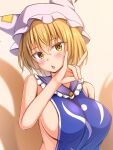  1girl blonde_hair blush breasts fox_shadow_puppet hat highres large_breasts looking_at_viewer mob_cap mogura_(mogura108) open_mouth short_hair sideboob simple_background solo tabard touhou upper_body white_hat yakumo_ran yellow_background yellow_eyes 