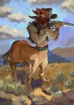  1boy animal_ears arm_hair bandana bandana_over_mouth black_eyes bracelet brown_hat brown_vest centaur cloud cloudy_sky colored_sclera cowboy_hat cowboy_western ear_piercing full_body grasslands grey_sclera gun hands_up hat highres holding holding_gun holding_weapon hooves horse_ears jewelry looking_to_the_side male_focus navel_hair open_clothes open_vest original outdoors piercing rifle sky solo spiked_bracelet spikes standing taur toned toned_male vest weapon yaofour 