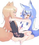  1boy 1girl animal_ear_fluff animal_ears bar_censor bare_arms bare_shoulders black_cardigan blonde_hair blue_eyes blue_hair blush borrowed_character bottomless cardigan censored commentary_request eye_contact fang fox_ears fox_tail foxx-chan_(foxxre) from_side hair_ornament hairclip hands_on_another&#039;s_shoulders heart heart-shaped_pupils hetero heterochromia highres konatsu_(owasaki) leg_grab long_hair looking_at_another moaning multicolored_hair nail_polish one-piece_swimsuit open_mouth original otoko_no_ko outstretched_arms owasaki purple_nails pussy sex sharp_teeth simple_background skin_fang sound_effects spread_legs straddling streaked_hair swimsuit symbol-shaped_pupils tail teeth thick_eyebrows toenail_polish toenails two-tone_hair upright_straddle variant_set white_background white_one-piece_swimsuit yellow_eyes 