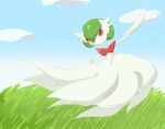  1girl arm_up blue_sky bob_cut cloud colored_skin commentary day dress elbow_gloves flat_chest full_body gardevoir gloves grass green_hair hair_between_eyes highres long_dress looking_at_viewer mega_gardevoir mega_pokemon no_mouth outdoors outstretched_arms pokemon pokemon_(creature) red_eyes rve short_hair sky solo spread_arms standing white_dress white_gloves white_skin 