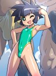  1girl 2boys black_hair bulge casual_one-piece_swimsuit commentary_request covered_navel erection erection_under_clothes flat_chest flexing green_eyes green_one-piece_swimsuit head_out_of_frame highleg highleg_swimsuit highres male_swimwear matsubara_kaoru multiple_boys one-piece_swimsuit one_eye_closed powerpuff_girls_z short_hair solo_focus spiked_hair swim_briefs swimsuit tkgoishi 
