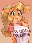  2020 4_fingers activision anthro bandicoot big_breasts blonde_hair breasts clothing coco_bandicoot crash_bandicoot_(series) english_text eyelashes female fingers green_eyes hair long_hair looking_at_viewer mammal marsupial open_mouth ponytail shirt simple_background solo text topwear video_games wamudraws 