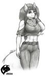  2024 5_fingers abs anthro arctic_wolf athletic athletic_anthro athletic_female belt big_breasts bottomwear breasts canid canine canis cleavage clothed clothed_anthro clothed_female clothing crop_top denim denim_bottomwear denim_clothing female fingers fur ghostwolf hair humanoid_hands jeans mammal navel pants sara_kincaide shirt signature sketch smile solo standing topwear wolf 
