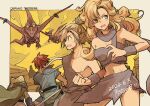  1girl 3boys ayla_(chrono_trigger) bare_shoulders battle blonde_hair blue_tunic breasts cape caveman cavewoman chrono_trigger cleavage clenched_hands cowboy_shot crono_(chrono_trigger) curly_hair dated dinosaur fighting_stance frog_(chrono_trigger) frog_boy fur_scarf fur_shirt fur_skirt fur_wrist_cuffs green_eyes grey_cape grey_scarf grey_shirt grey_skirt grey_wrist_cuffs hair_between_eyes headband holding holding_sword holding_weapon kino_(chrono_trigger) long_hair medium_breasts miniskirt multiple_boys neckerchief open_mouth orange_neckerchief outdoors ponytail pterosaur red_hair scarf shirt short_hair skirt spiked_hair strapless sweatdrop sword takase_toho tube_top twitter_username upper_body weapon white_headband 