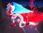  absurd_res blue_eyes blue_wings butt claws darkpotzm dragon featureless_crotch fur heterochromia hi_res holding_object horn light_body magic_user multicolored_tail outside purple_body red_body red_eyes red_horn solo tail_mane white_body white_fur wings 