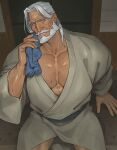  1boy bara beard blue_eyes commentary facial_hair highres holding holding_towel jp_(street_fighter) male_focus mature_male mustache old old_man open_mouth pectoral_cleavage pectorals sa1k0p sitting solo street_fighter street_fighter_6 sweat symbol-only_commentary towel white_hair 