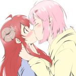  2girls ahoge blush brown_hair chiyoda_momo closed_eyes demon_girl demon_horns eyebrows_visible_through_hair gabrieltenma77 hair_ornament hairclip horns kiss kiss_day long_hair machikado_mazoku multiple_girls pink_hair yoshida_yuuko_(machikado_mazoku) yuri 