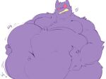  2023 anthro belly big_belly english_text fur generation_1_pokemon gengar hand_on_own_belly hi_res huge_belly itzamug jiggling male navel nintendo overweight pokemon pokemon_(species) purple_body solo text thick_thighs 