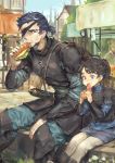  1boy 1girl armor black_hair blurry bracer breastplate child city depth_of_field eating eyepatch fantasy food jewelry leather_armor looking_to_the_side necklace nightmare-kck original outdoors purple_eyes sandwich short_hair short_ponytail sitting 