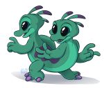  2_heads 3_toes 4_arms 4_fingers alien claws disney experiment_(lilo_and_stitch) feathers fingers green_body hi_res hybrid lilo_and_stitch markings mimifox multi_arm multi_head multi_limb purple_markings purple_tongue signature simple_background smile swapper teeth toe_claws toes tongue white_background 
