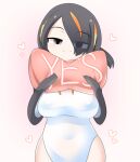  1girl black_eyes black_hair black_jacket blush breasts commentary_request covered_navel cowboy_shot emperor_penguin_(kemono_friends) hair_between_eyes hair_over_one_eye heart jacket kemono_friends large_breasts leotard lets0020 long_bangs looking_at_viewer multicolored_hair orange_hair pink_background short_hair shrug_(clothing) smile solo white_leotard yes yes-no_pillow 