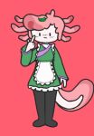  amphibian anthro axolotl blush clothing female gesture green_clothing hair hand_gesture japanese leaf legwear maid_uniform marine mole_salamander pink_body pink_hair pink_skin pink_tail pointing pointing_at_self red_background salamander simple_background simple_eyes smart_dolphin solo standing tail thigh_highs tiney_(smart_dolphin) uniform 