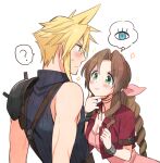  1boy 1girl ? aerith_gainsborough armor bangle blonde_hair blue_eyes blue_shirt blush bracelet braid braided_ponytail breasts brown_hair choker cleavage cloud_strife cropped_jacket dress final_fantasy final_fantasy_vii furrowed_brow green_eyes hair_between_eyes hair_ribbon hand_to_own_mouth jacket jewelry krudears leaning_forward long_hair looking_at_viewer medium_breasts parted_bangs pink_dress pink_ribbon red_jacket ribbon ribbon_choker shirt short_hair short_sleeves shoulder_armor sidelocks single_bare_shoulder single_braid single_shoulder_pad sleeveless sleeveless_turtleneck sparkle spiked_hair spoken_question_mark suspenders sweatdrop turtleneck upper_body white_background 