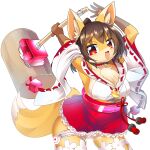  1girl :3 animal_ear_fluff animal_ears arms_up breasts brown_hair character_request chinese_knot colored_skin commentary_request contrapposto cowboy_shot detached_sleeves fang flower fox_ears fox_girl fox_tail frilled_skirt frills furry furry_female highres holding holding_mallet hop_step_jumpers jewelry large_breasts lets0020 looking_at_viewer magatama magatama_necklace mallet medium_bangs miniskirt necklace nontraditional_miko open_mouth pleated_skirt red_eyes red_skirt ribbon-trimmed_sleeves ribbon_trim shirt short_hair simple_background skirt smile solo tail thigh_strap transparent_background v-shaped_eyebrows white_flower white_shirt white_sleeves yellow_skin 