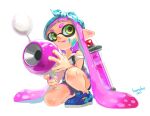  1girl :q absurdly_long_hair artist_name bandana black_shorts blue_bandana blue_footwear closed_mouth commentary_request dolphin_shorts full_body green_eyes hanako515_ika highres holding holding_weapon ink_tank_(splatoon) inkling inkling_girl inkling_player_character long_hair looking_to_the_side luna_blaster_(splatoon) on_one_knee paint_splatter paint_splatter_on_face pink_hair pointy_ears shoes shorts simple_background sneakers solo splatoon_(series) strap_slip tank_top tentacle_hair thick_eyebrows tongue tongue_out twintails very_long_hair weapon white_background white_tank_top 