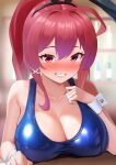  1girl ahoge blurry blurry_background blush breast_rest breasts cleavage dorachan_r hair_ornament hair_ribbon highres i-168_(kancolle) indoors kantai_collection long_hair one-piece_swimsuit ponytail red_eyes red_hair ribbon school_swimsuit smile swimsuit table upper_body 