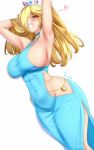  1girl alternate_costume anisdrawn armpits arms_up bare_arms bare_shoulders blonde_hair blue_choker blue_dress blue_eyes blush breasts choker covered_navel crown dress english_commentary grin groin highres hip_vent large_breasts long_hair looking_at_viewer mario_(series) mini_crown rosalina sideboob sleeveless sleeveless_dress smile solo standing thighs very_long_hair 