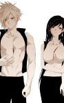  1boy 1girl absurdres bleeding blonde_hair blood breasts cloud_strife duoj_ji final_fantasy final_fantasy_vii final_fantasy_vii_remake green_eyes head_tilt highres large_breasts looking_to_the_side muscular muscular_male no_nipples open_clothes red_eyes scar scar_on_chest standing tifa_lockhart 