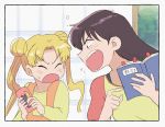  2girls bangs bishoujo_senshi_sailor_moon black_hair blonde_hair blush book bookmark brown_eyes cellphone closed_eyes commentary day double_bun fang from_side hino_rei holding holding_book holding_phone indoors long_hair looking_at_another multiple_girls open_door open_mouth overalls parted_bangs phone profile shirt shouting sliding_doors smartphone straight_hair sweatdrop textbook tsubobot tsukino_usagi twintails yellow_shirt 