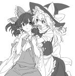  2girls apron ascot blush bow braid closed_mouth commentary detached_sleeves frilled_bow frilled_hair_tubes frills greyscale hair_bow hair_tubes hakurei_reimu hat hat_bow highres hug kirisame_marisa long_hair mero_(starfish_jcs) monochrome multiple_girls open_mouth ribbon-trimmed_sleeves ribbon_trim short_sleeves side_braid single_braid skirt smile touhou vest waist_apron witch_hat 
