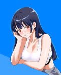  1girl bare_arms blue_background blue_hair boku_no_kokoro_no_yabai_yatsu breasts brown_eyes cleavage collarbone dark_blue_hair elbow_rest glasses grin head_rest highres long_hair looking_at_viewer medium_breasts smile solo sports_bra two-tone_background unai_suken white_sports_bra yamada_anna 