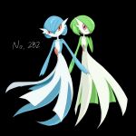  2girls alternate_color back back-to-back black_background blue_hair blue_skin bob_cut colored_skin commentary eye_contact flat_chest full_body gardevoir green_hair green_skin hair_between_eyes hand_up highres looking_at_another looking_back multicolored_skin multiple_girls orange_eyes pokedex_number pokemon pokemon_(creature) red_eyes rve shiny_and_normal shiny_pokemon short_hair simple_background standing two-tone_skin white_skin 