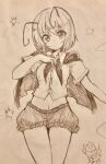  1girl antennae cape closed_mouth collared_shirt commentary_request efukei greyscale highres looking_at_viewer monochrome navel one-hour_drawing_challenge shirt short_hair short_shorts short_sleeves shorts touhou wriggle_nightbug 