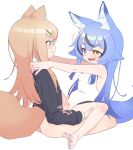  +++ 1boy 1girl animal_ear_fluff animal_ears bar_censor bare_arms bare_shoulders black_cardigan blonde_hair blue_eyes blue_hair blush borrowed_character bottomless cardigan censored commentary_request eye_contact fox_ears fox_tail foxx-chan_(foxxre) from_side hair_ornament hairclip hands_on_another&#039;s_shoulders hetero heterochromia highres konatsu_(owasaki) leg_grab long_hair looking_at_another multicolored_hair nail_polish one-piece_swimsuit open_mouth original otoko_no_ko outstretched_arms owasaki penis purple_nails sharp_teeth simple_background smile sound_effects spread_legs straddling streaked_hair swimsuit tail teeth thick_eyebrows toenail_polish toenails two-tone_hair upright_straddle v-shaped_eyebrows variant_set white_background white_one-piece_swimsuit yellow_eyes 