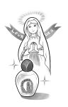  1girl bottle character_name christianity closed_mouth commentary_request greyscale kubotateru monochrome our_lady_of_lourdes praying religion robe shadow simple_background solo sparkle veil white_background 
