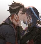  1boy 1girl black_hair blood blood_on_hands blue_hair clorinde_(genshin_impact) closed_eyes couple genshin_impact hand_on_another's_face hetero highres imminent_kiss multicolored_hair purple_hair rchella short_hair streaked_hair upper_body white_hair wriothesley_(genshin_impact) 