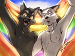  4:3 anthro black_body black_fur brother_(lore) brothers_(lore) canid canine chest_tuft digital_drawing_(artwork) digital_media_(artwork) duo ear_piercing ear_ring exposed_chest fiz_(fruitz) fox fruitz fur hands_behind_back lgbt_pride lgbt_pride_month looking_at_viewer male male/male mammal nipples nude piercing pride_color_background pride_colors purple_eyes rainbow_flag rainbow_symbol ring_piercing rut_(fruitz) sibling_(lore) signature simple_background smile tuft twins_(lore) white_body white_fur yellow_eyes 
