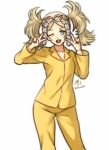  1girl ;d blonde_hair blue_eyes cowboy_shot double_v fire_emblem fire_emblem_awakening hair_ornament highres ko-fi_commission lissa_(fire_emblem) long_hair long_sleeves looking_at_viewer one_eye_closed open_mouth pajamas rotomdocs signature simple_background smile solo twintails twitter_username v white_background yellow_pajamas 