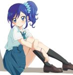  1girl aikatsu! aikatsu!_(series) bangs black_legwear blue_bow blue_eyes blue_hair blue_scrunchie blue_skirt blush bow brown_footwear closed_mouth collared_shirt eyebrows_visible_through_hair hair_between_eyes hair_ornament hair_scrunchie highres kiriya_aoi loafers pleated_skirt school_uniform scrunchie shadow shirt shoes short_sleeves side_ponytail sitting skirt socks solo trg-_(sain) white_background white_shirt 